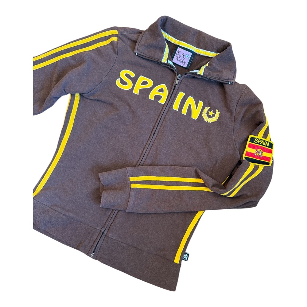 LA Kitty Spain Track Jacket Brown Yellow Striped Full Zip Small 441688AD